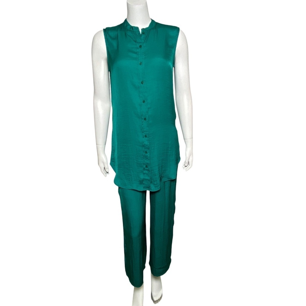 Joie Pajama Lounge Set Button Up Shirt Pull On Pants Womens Size XS Green